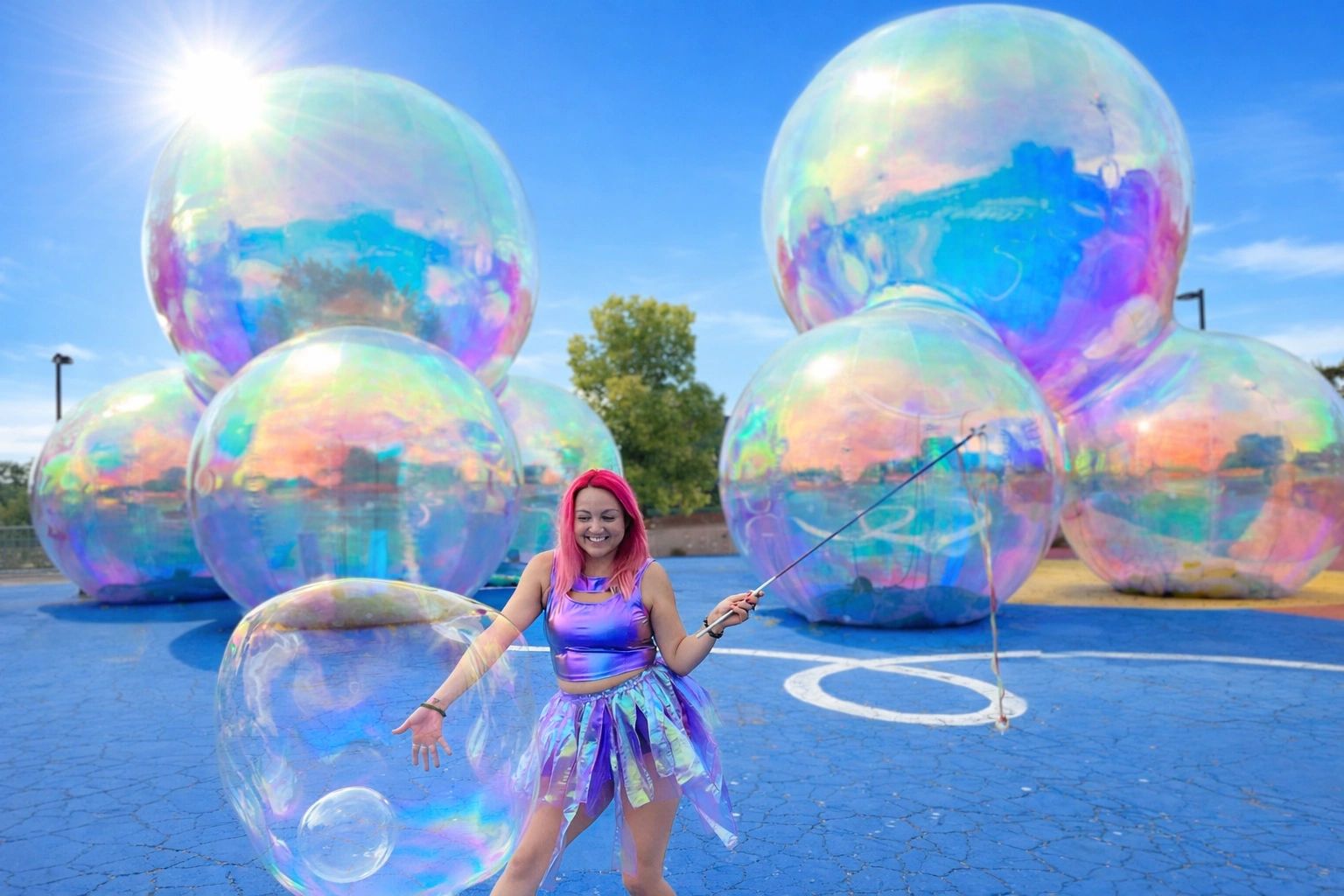 People blowing soap bubbles in a garden gathering